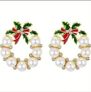 White Faux Pearl & Rhinestone Christmas Wreath Stud Earrings, Festive Holiday